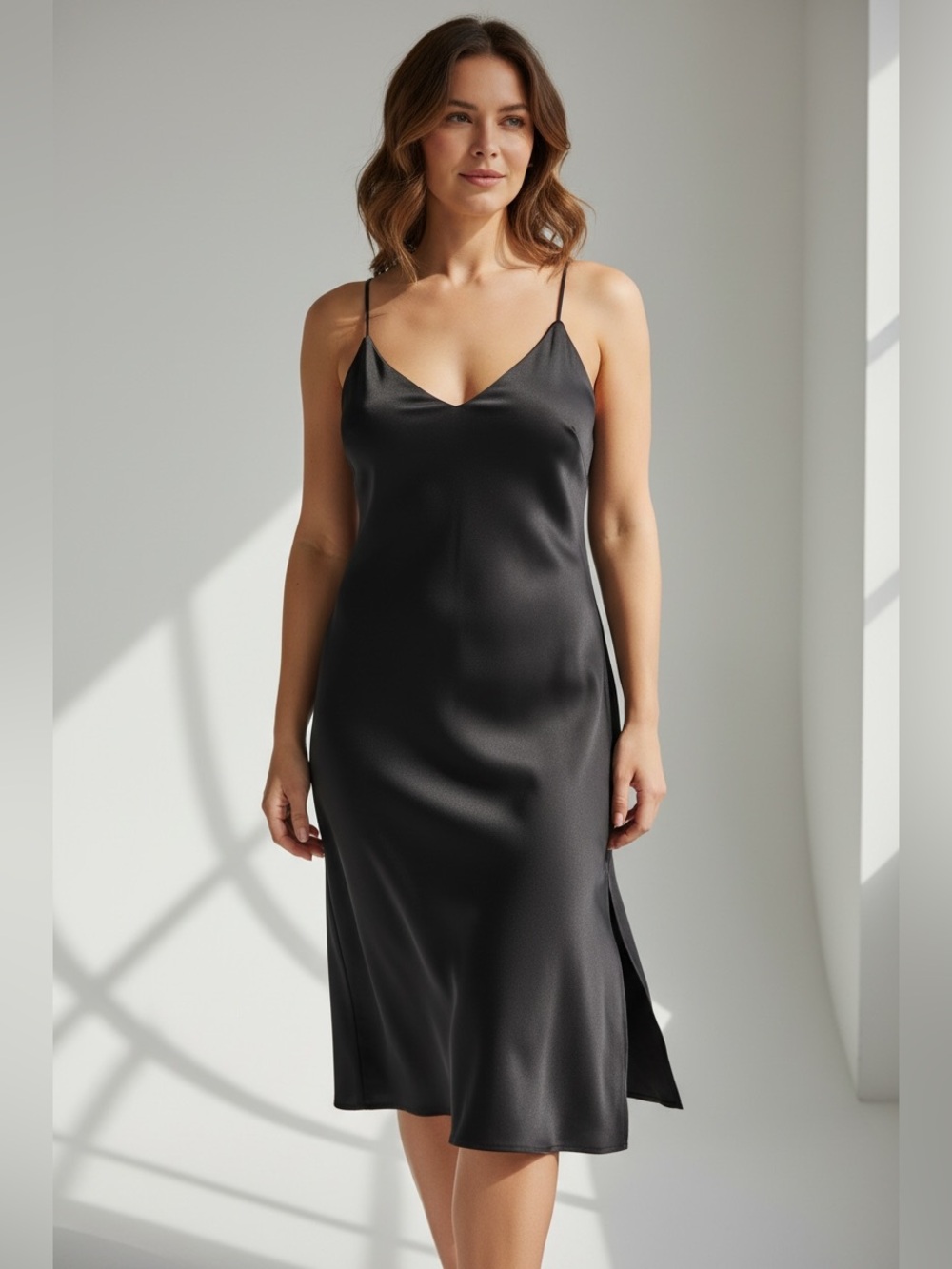 Minimalist Aesthetic Double Slit Midi Slip Dress Chic Basic